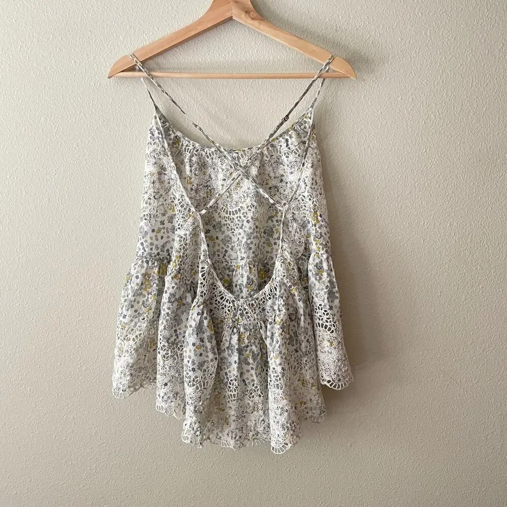 Free People Floral Babydoll Eyelet Tank Top Cottage Boho Soft Girl | Size S